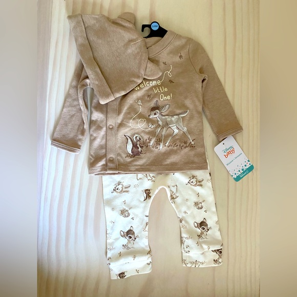 Disney Other - Disney Girls Bambi 3-6mo Beige Neutral Set With Pants Hat and Long Sleeve Shirt